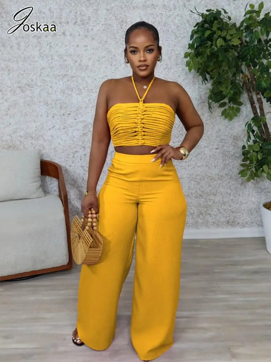Joskaa 2025 Women 2 Piece Sets Sexy Strapless Ruched Halter Tops+High Waist Side Zip Wide Leg Pants Suits Tracksuits Streetwear