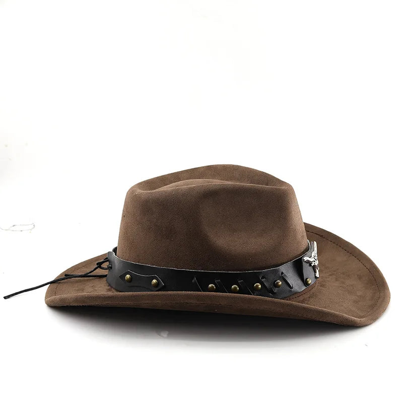 Western Cowboy Roll up Edge Large Edge Cowboy Hat Bull Head Accessories Imitation Leather Velvet Jazz Hat Riding Felt Hat