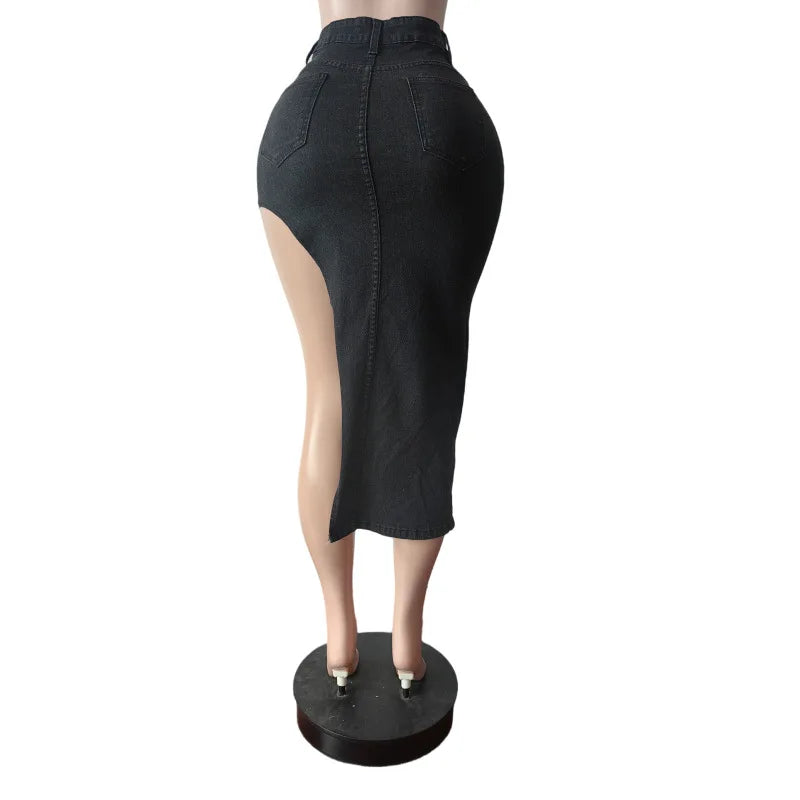 Letter Embroidery Asymmetrical Denim Skirts Women Fashion Vintage Button Fly High Waist Stretch Jeans Calf-length Skirt Bottoms