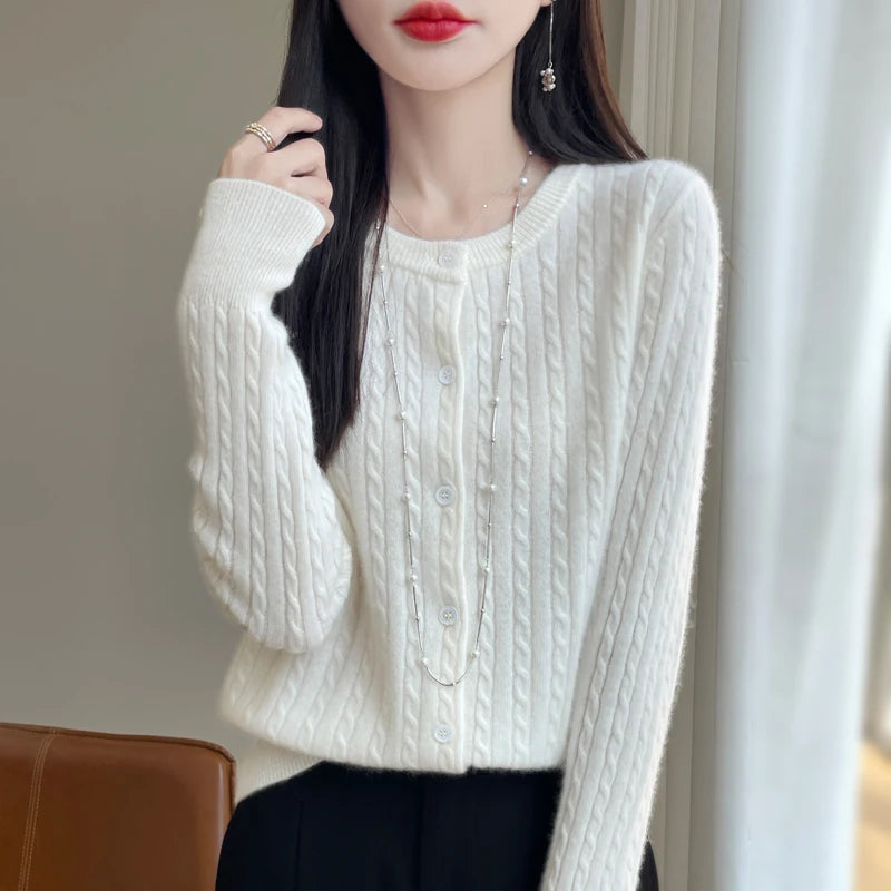 Autumn Winter O-neck Women 100% Merino Wool Sweater New Casual Cable Knitted Cardigan Tops Woman Cashmere Sweater