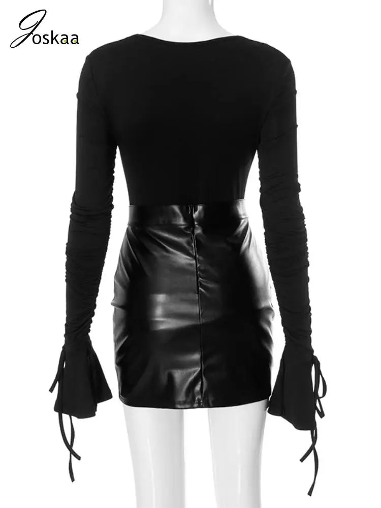 Joskaa Women 2 Piece Sets Sexy Pleated Long Sleeve Tops and Leather Mini Skirt Matching Autumn Party Club Outfits Y2K Streetwear