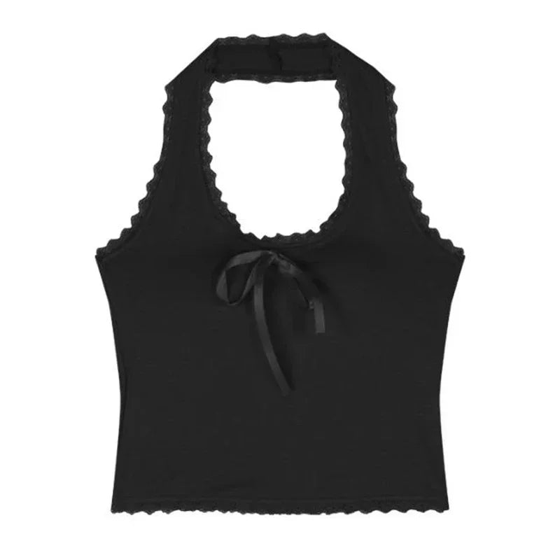 2025 Summer Women T-Shirts Sexy U-neck Halter T-Shirts Female Solid Lace Underwear Tops Girls Fashion Bowknots Slip Vest Clothes
