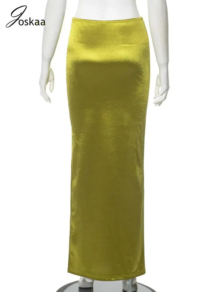 Joskaa Women's 2025 Summer Shiny High Waist Hip Skirt Sexy Side Slit Bodycon Maxi Skirts Luxury Evening Club Bottoms Beachwear