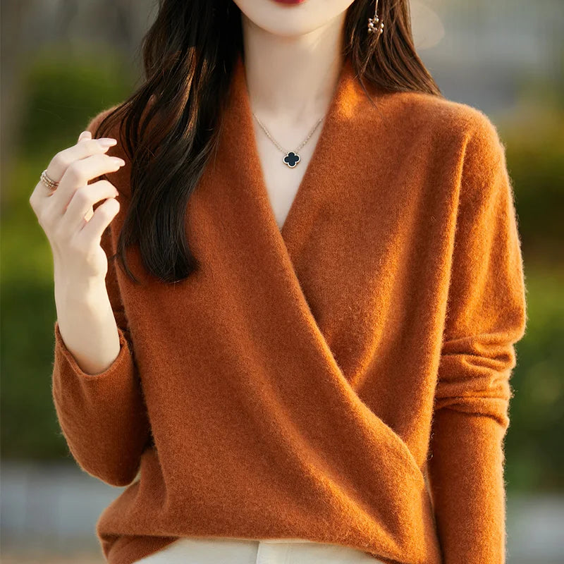 100% Merino Wool Knitwear Women's V-Neck Pullover Sweater Autumn Winter Female Grace Soft Clothes Long Sleeve Warm Fashion Tops