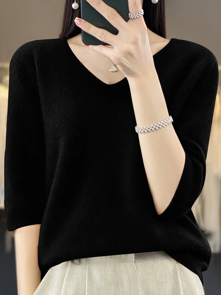 Women V-Neck 100% Merino Wool Cashmere T-shirt Half-Sleeve Pullover Sweater Spring Summer Knitwear Soft Fashion Comfortable Tops