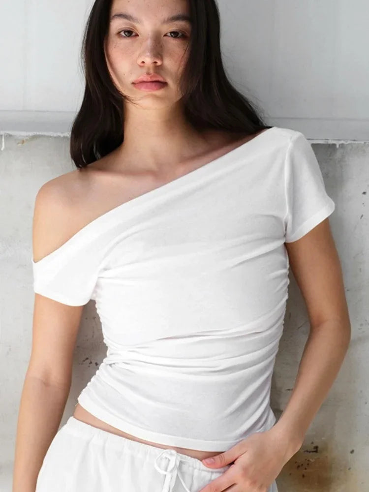 Summer Fashion Sexy Solid Colours Women Clothing Casual Short Sleeve Slash Neck Shirts For Women One Shoulder Streetwear Y2k Top