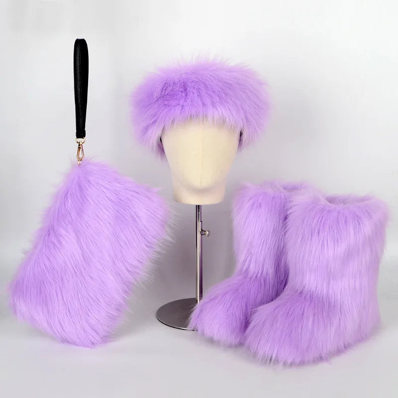 Women High Quality Fur Snow Boots One Fur Plus Velvet Thick Plus Size Snow Boots Headband Clutch Bag Imitation Fox Fur Boots Set