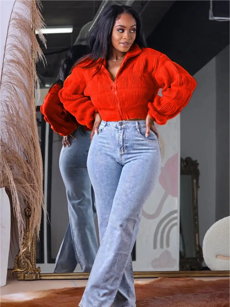 Joskaa Knit Ribbed Lapel Lantern Long Sleeve Cardigan Women Fashion Slim Sweater Coat 2024 Casual Outwear Vintage Streetwear