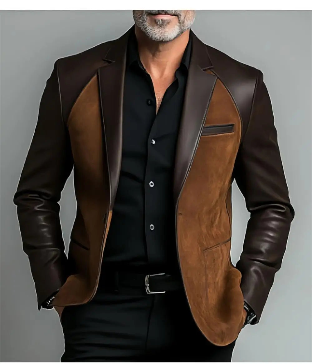 2025 NEW Leather Patchwork Velvet Men's Jacket Fashionable retro casual Brown Blazers man plus size custom suit Leather Coat