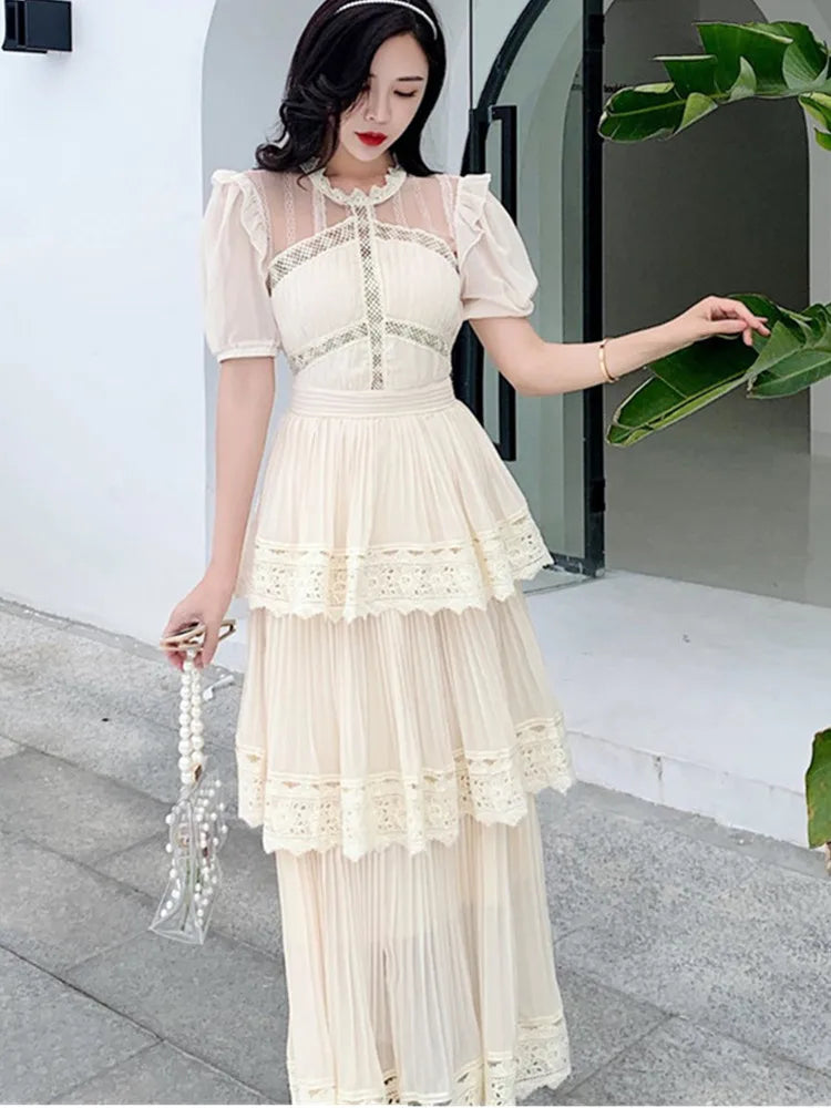 SMTHMA 2025 New Arrival Beige Lace Long Dress High Qulity Luxury Design Runway Dress Short Sleeve Ruffle Summer Dresses Vestidos