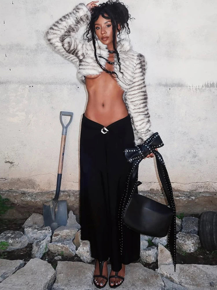 Kliou Sexy Fashion Crop Jacket Woman Autumn Trend Furry Warm Style Belt Metal Buckle Cardigan Full Sleeve High Street Jacket