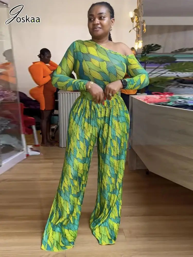 Joskaa 2025 Women's Print 2 Piece Set Sexy Skew Collar Long Sleeve Tops and Pleated Wide Leg Pants Matching Vacation Outfits