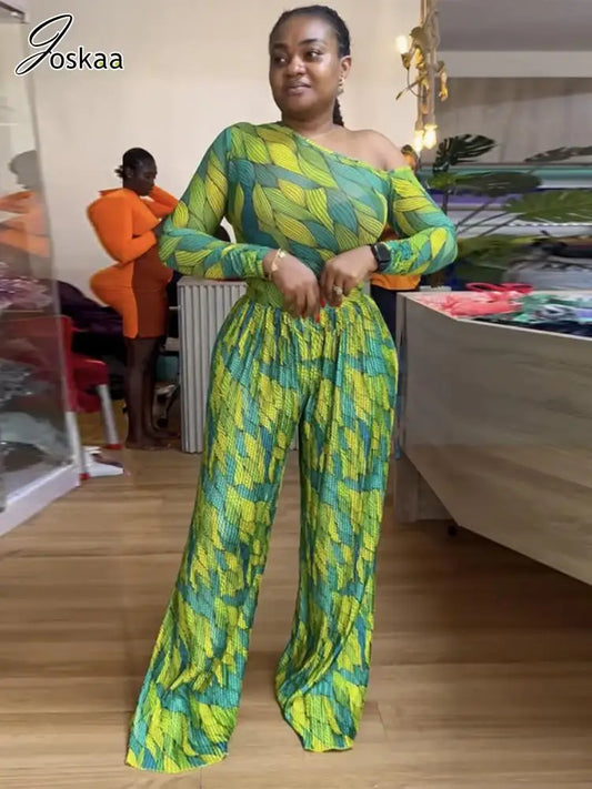 Joskaa 2025 Women's Print 2 Piece Set Sexy Skew Collar Long Sleeve Tops and Pleated Wide Leg Pants Matching Vacation Outfits