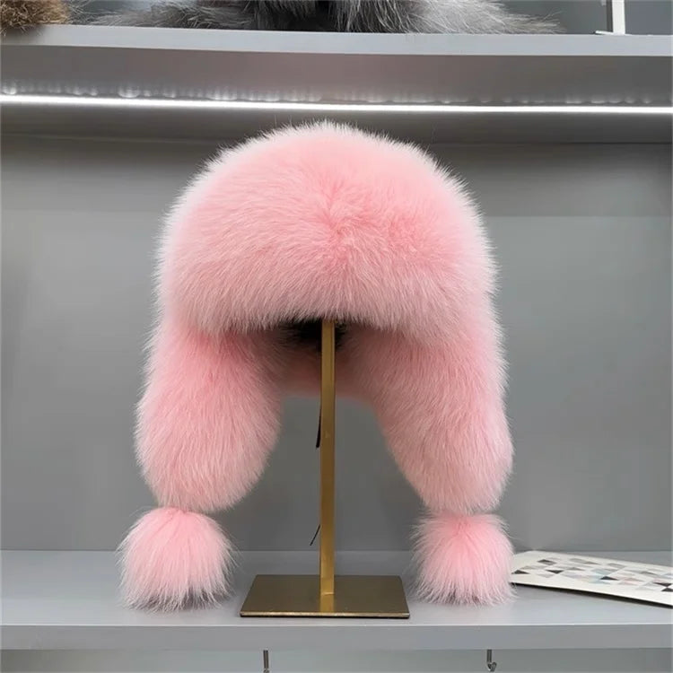 Ms.MinShu Unisex Winter Adjustable Earflap Genuine Black Fox Fur Hat with Sheep leather