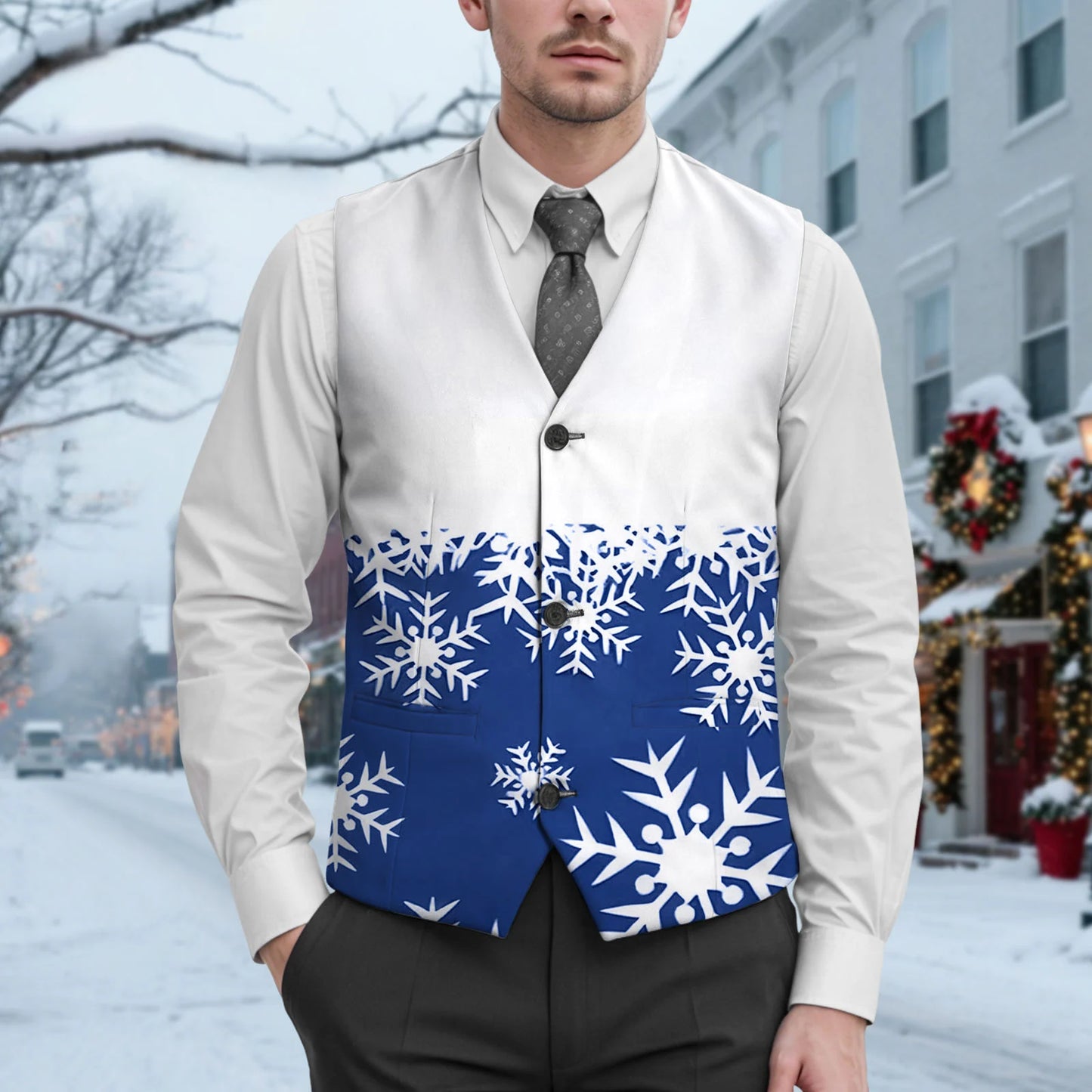 Christmas Snowflake Print Suit Vest Jacket Men'S V Neck Button Pocket Slim Suit Vest Jacket Exquisite Men'S Outerwear Coat