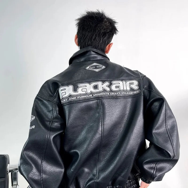 Heavy Duty Embroidered Men's Motorcycle Leather Jacket, Silver Edgy Aesthetic Windbreaker for Men, Autumn Fashion Mans Clothes