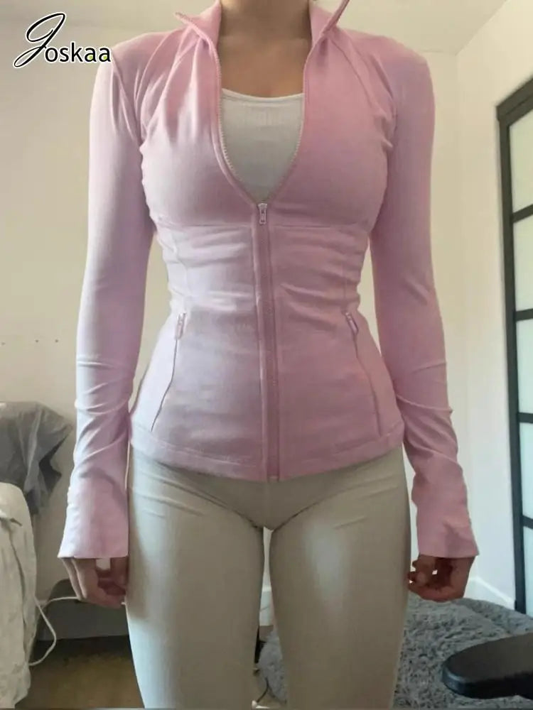 Joskaa Casual Solid Sports Fitness Running Hoodie Women Long Sleeve Zip Yoga Sweatshirts Winter Fashion T-Shirts Tops Streetwear
