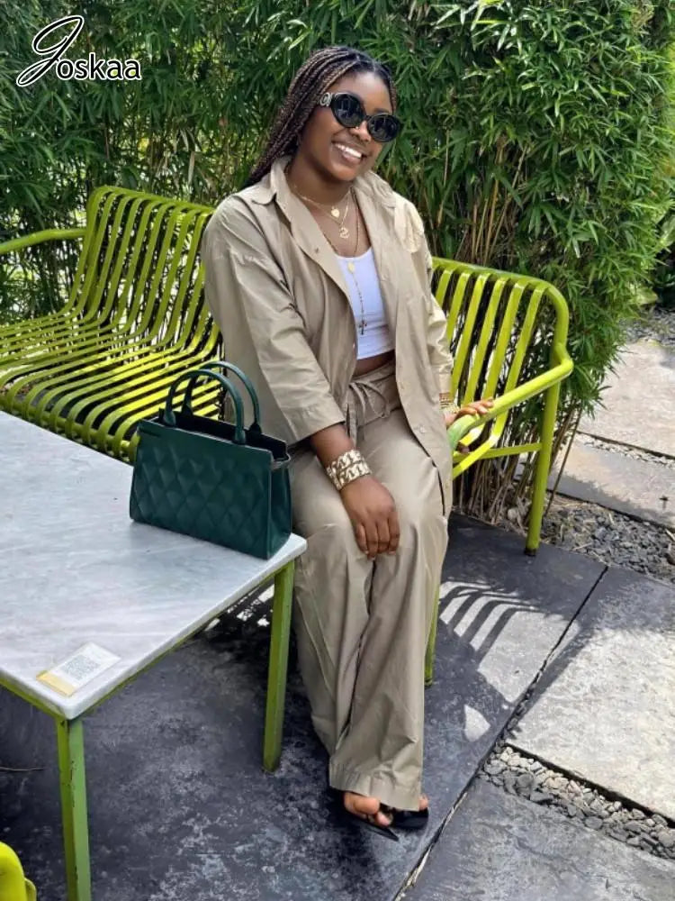 Joskaa Women's 2025 Khaki Two Piece Set Casual Lapel Short Sleeve Button-Down Shirt+Tie-Waist Pants Matching Streetwear S-XXL
