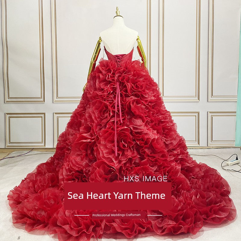 New New Arrival Photo Studio Theme Wedding Dress Clothing Photography Colored Mesh French Tube Top Dress Heavy Industry Fancy Wine Red