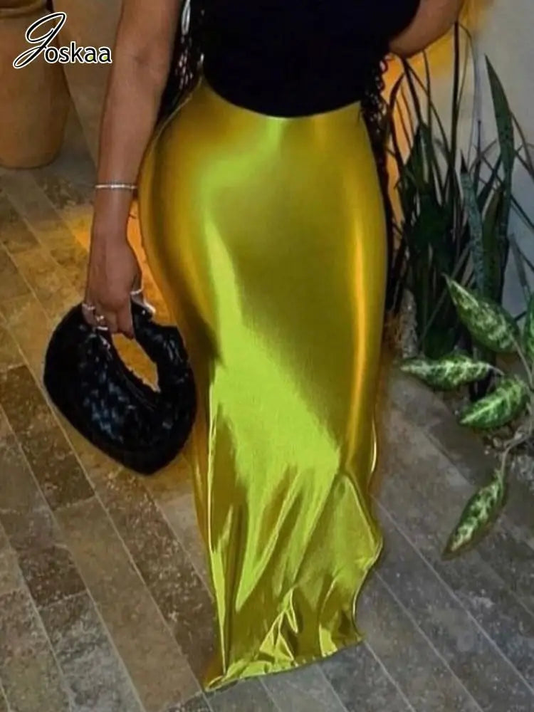 Joskaa Women's 2025 Summer Shiny High Waist Hip Skirt Sexy Side Slit Bodycon Maxi Skirts Luxury Evening Club Bottoms Beachwear