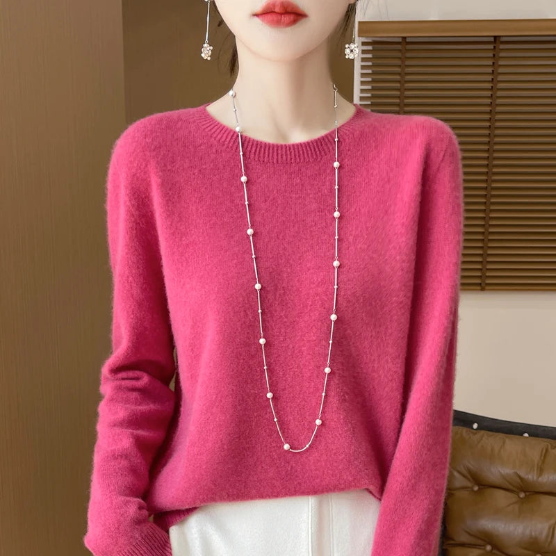 Autumn Winter Women 100% Merino Wool Sweater O-Neck Cashmere Pullover Basic Fashion Clothing Comfort Warm Top Casual Solid