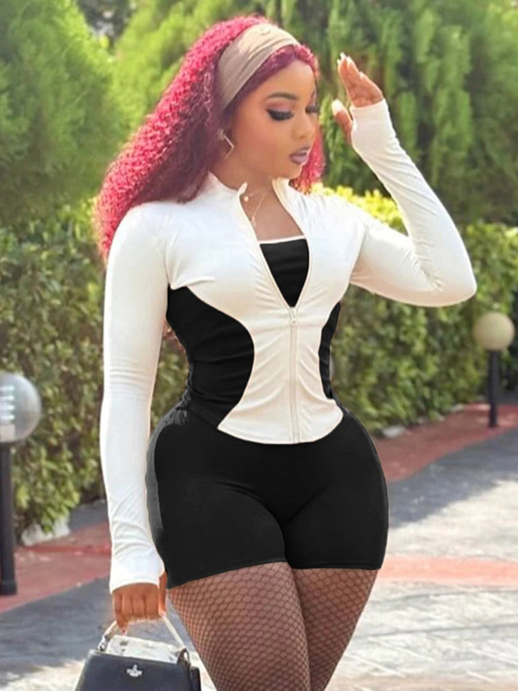 Nibber Daily Casual 2piece Set Women Tracksuit Zip Contrast Patchwork Full Sleeve Jacket+Shorts Simple Sporty Street Outfits