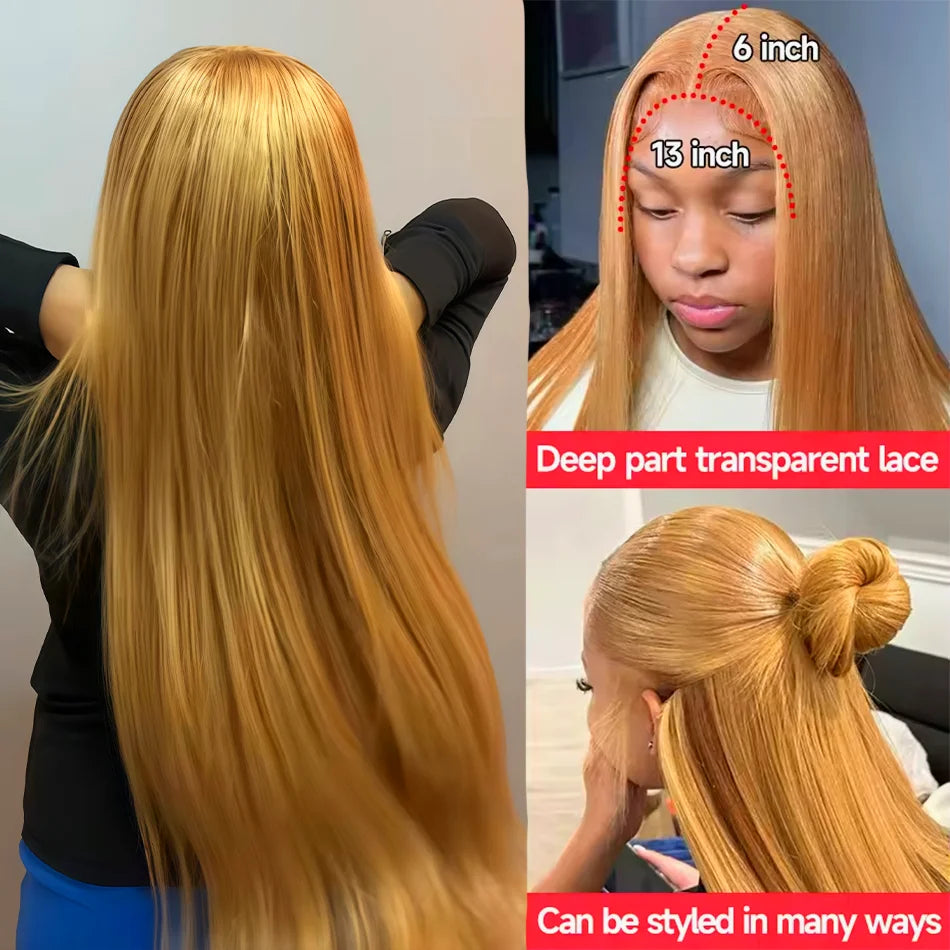 36 Inch 27# Honey Blonde 13x6 13x4 Hd Transparent Bone Straight Lace Frontal Brazilian Colored Wigs 100% Pre Plucked For Women
