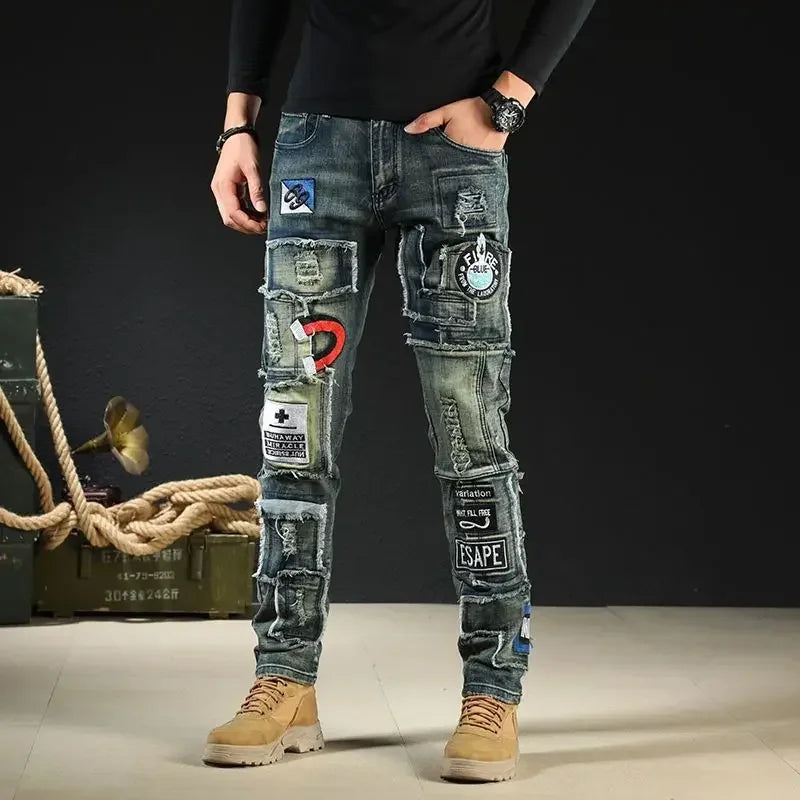 Tight Pipe Skinny Trousers Man Cowboy Pants Slim Fit Jeans for Men with Print Pockets High Quality Harajuku Korean Style Soft Xs