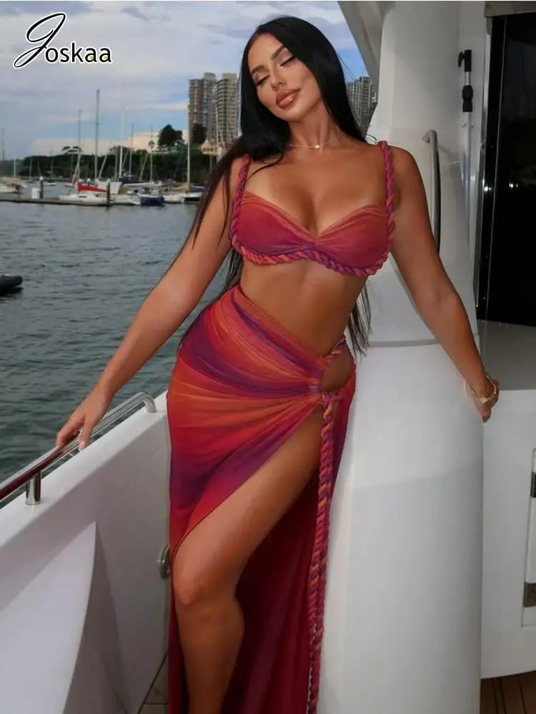 Joskaa 2025 Summer Women's Beach Style Two Piece Set Sexy Pleated Crop Camis and High Slit Maxi Skirt Matching Vacation Outfits
