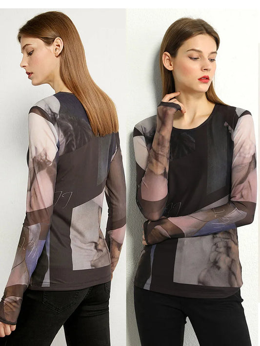 AMII Minimalism Long sleeve T-shirts for Women 2025 Autumn New Bottoming Shirt Mesh Printing Inside Slim Trendy Tops 12421003