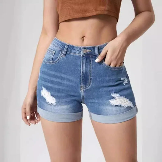 2025 Fashionable Ripped Rolled High Stretch Denim Shorts High Waist Black Tight Casual Hot Pants Women's Three-point Pants