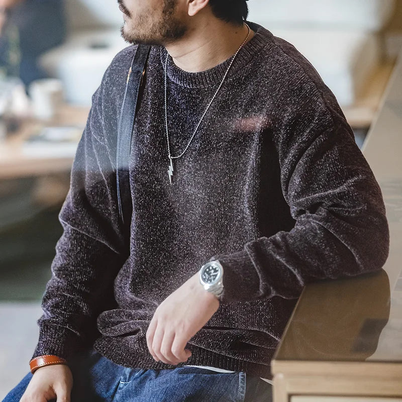 Maden Casual Chenille Round Neck Sweater for Men Warm Skin-friendly Beige Knitwear Autumn Winter Basic Solid Color Soft Sweater