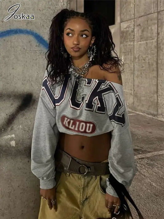 Joskaa Letter Print Y2K T-Shirts Women Hipster Oblique Shoulder Full Sleeve Loose Crop Top 2025 Graphic Tees Harajuku Streetwear