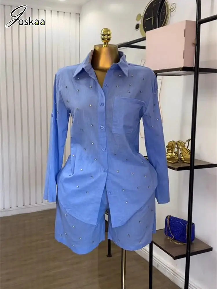 Joskaa 2025 summer Beading 2 piece Set women lapel Long Sleeve button Shirt Top+Shorts match Tracksuits holiday Streetwear S-XXL