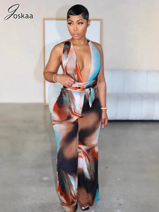 Joskaa Oil Painting Print Jumpsuit Women Sexy Deep V-Neck Backless Skinny Rompers 2025 Summer Fashion Overalls Vacation Clubwear