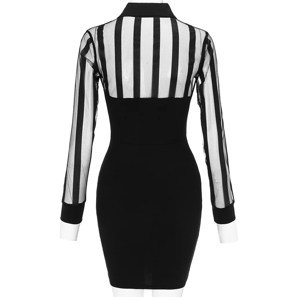 Women Long Sleeve Sheer Mesh Patchwork Bodycon Dresses Casual Work Dress Skiny Sequined Slim Fit Evening Party Dress Vestidos