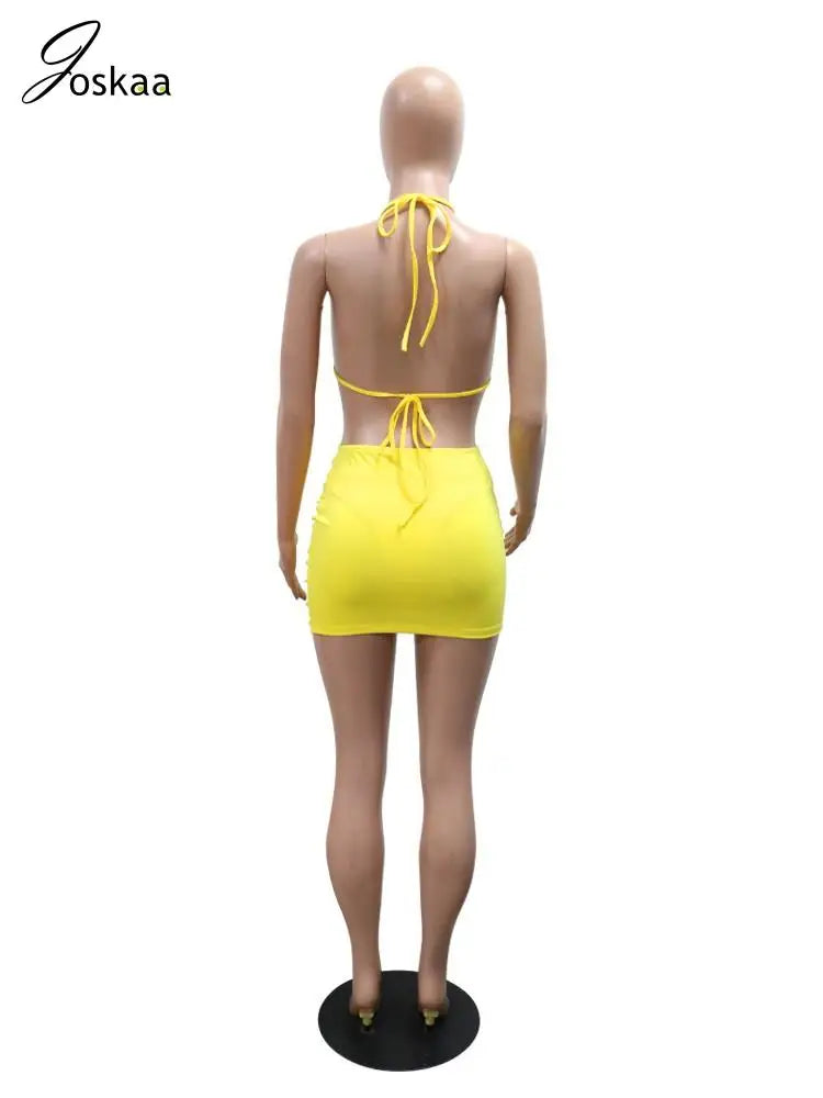 Joskaa Sexy Bikini 3 Piece Sets Women Bra+Briefs+Hollow Mini Skirt Matching Swimsuit 2025 Summer Bathing Suit Holiday Beachwear