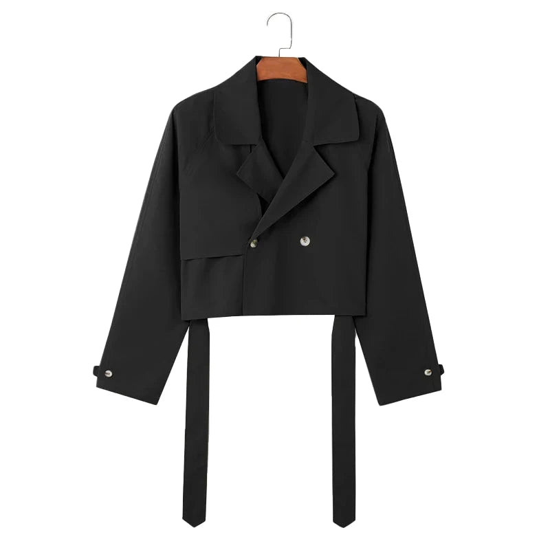 Men's Streetwear Jackets Solid Color Lapel Long Sleeve Loose Male Crop Coats Fashion Casual Retro Popular Jackets With Belt