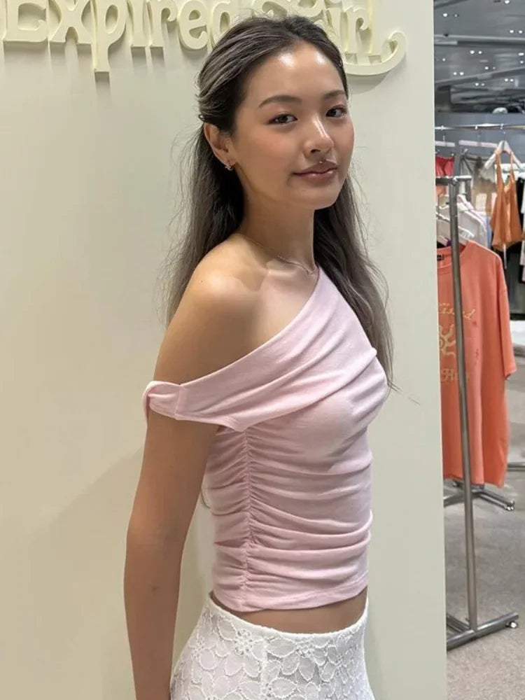 Summer Fashion Sexy Solid Colours Women Clothing Casual Short Sleeve Slash Neck Shirts For Women One Shoulder Streetwear Y2k Top