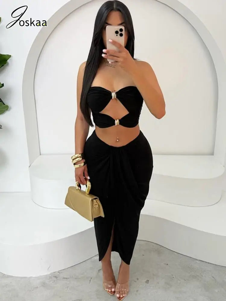 Joskaa 2025 Summer Women 2 Piece Sets Sexy Hollow Ruched Tube Top+High Waist Slit Skirt Matching Holiday Birthday Party Clubwear