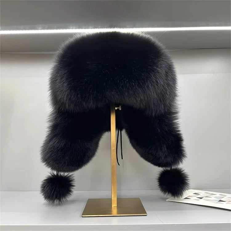 Ms.MinShu Unisex Winter Adjustable Earflap Genuine Black Fox Fur Hat with Sheep leather