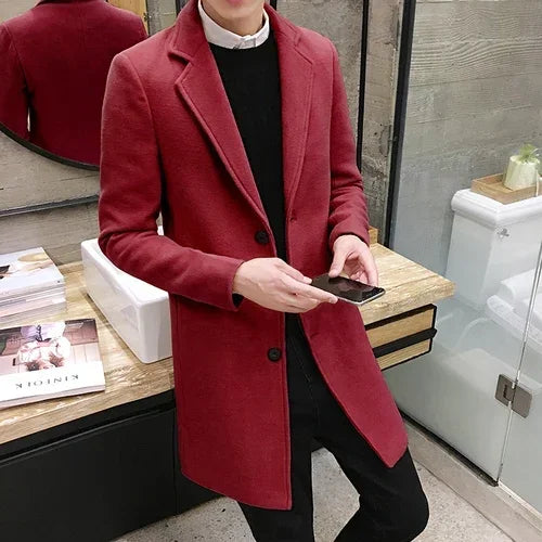 Men Long Cotton Coat 2024 Autumn Winter New Wool Blend Pure Color Casual Business Fashion Slim Windbreaker Jacket Men Clothing