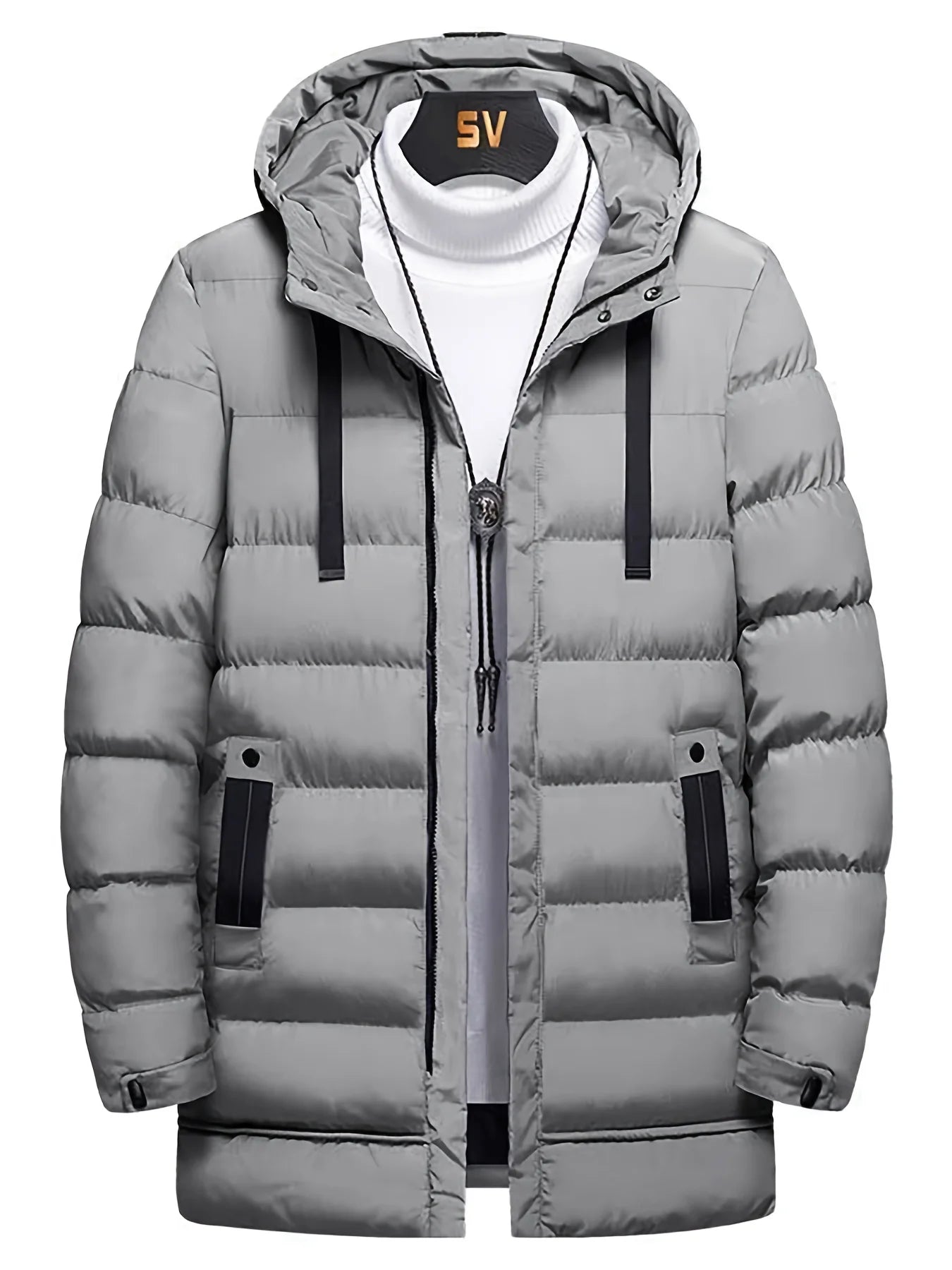 Men's Winter Hooded Full-Zip -Padded Jacket - Windproof Coat with Full-Length Zipper- Cold Weather Outdoor Clothing for Skiing