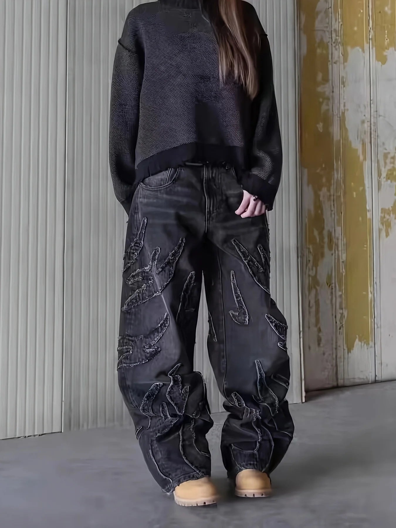 European and American Embroidered Street Graffiti Wide-Leg Jeans for Men, Loose Flame Vintage-Style Casual Trousers