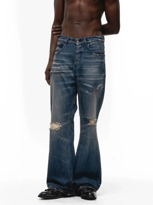 MIJKO Flare Jeans for Men And Women Washed Wide Leg Blue Trousers