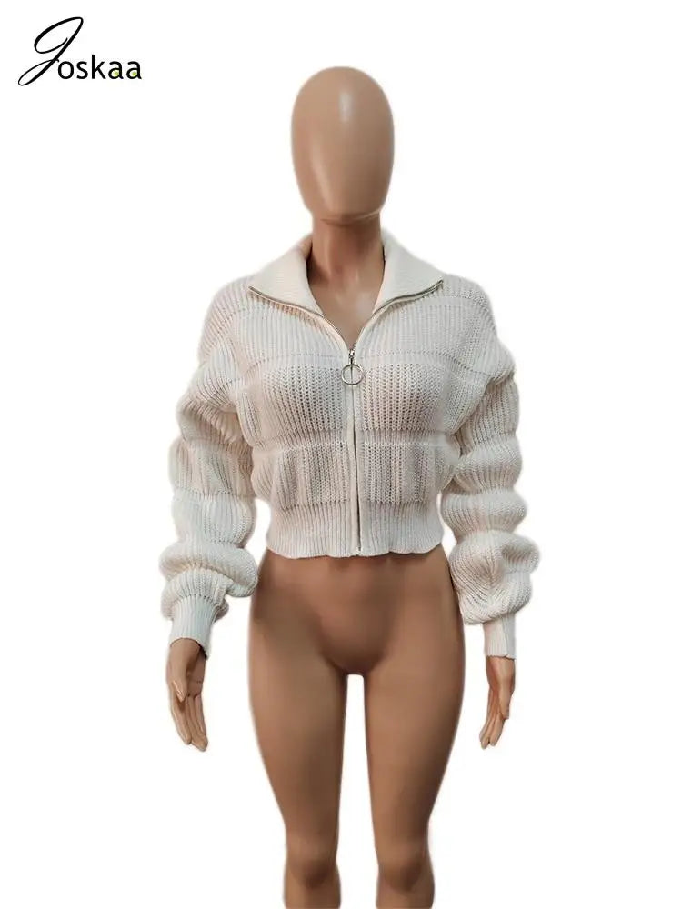 Joskaa Knit Ribbed Lapel Lantern Long Sleeve Cardigan Women Fashion Slim Sweater Coat 2024 Casual Outwear Vintage Streetwear