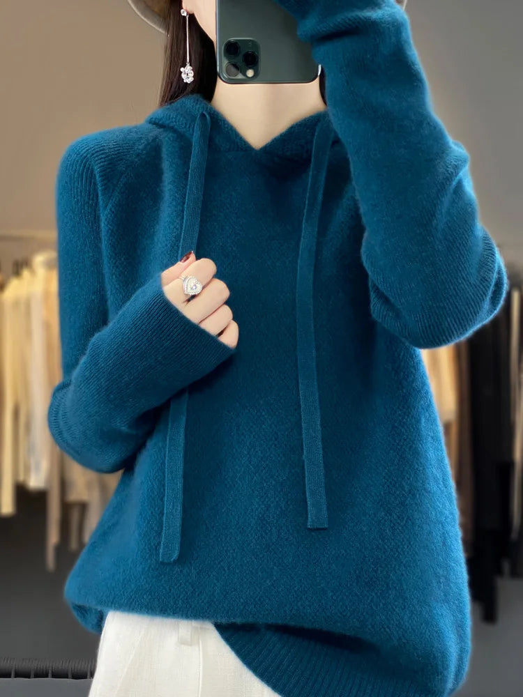 Autumn Winter Women's Cashmere Hooded Pullover Thick Sweater Raglan Sleeve 100% Merino Wool Knitwear Warm Casual Comfortable Top
