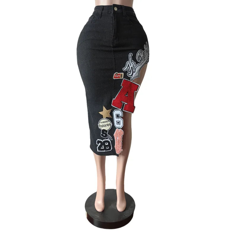 Letter Embroidery Asymmetrical Denim Skirts Women Fashion Vintage Button Fly High Waist Stretch Jeans Calf-length Skirt Bottoms