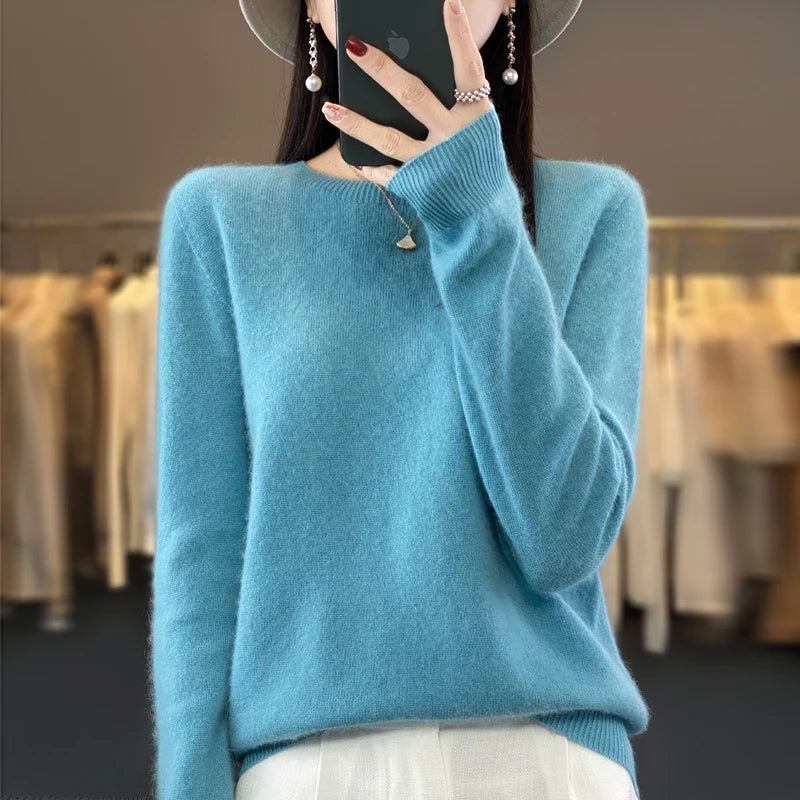 Autumn Winter Women 100% Merino Wool Sweater O-Neck Cashmere Pullover Basic Fashion Clothing Comfort Warm Top Casual Solid