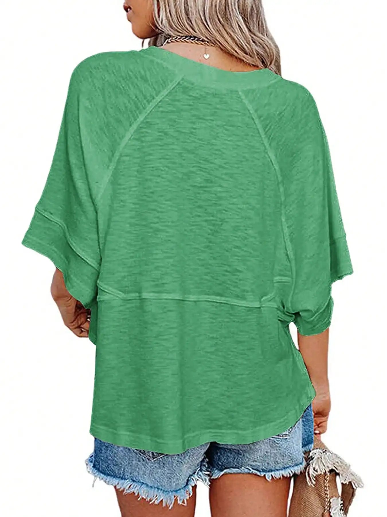 Women's Summer New Crewneck Batwing Half Sleeve Tops Solid Color Loose Fit Cute Flowy Tee Shirts Casual Dressy Cropped Blouse